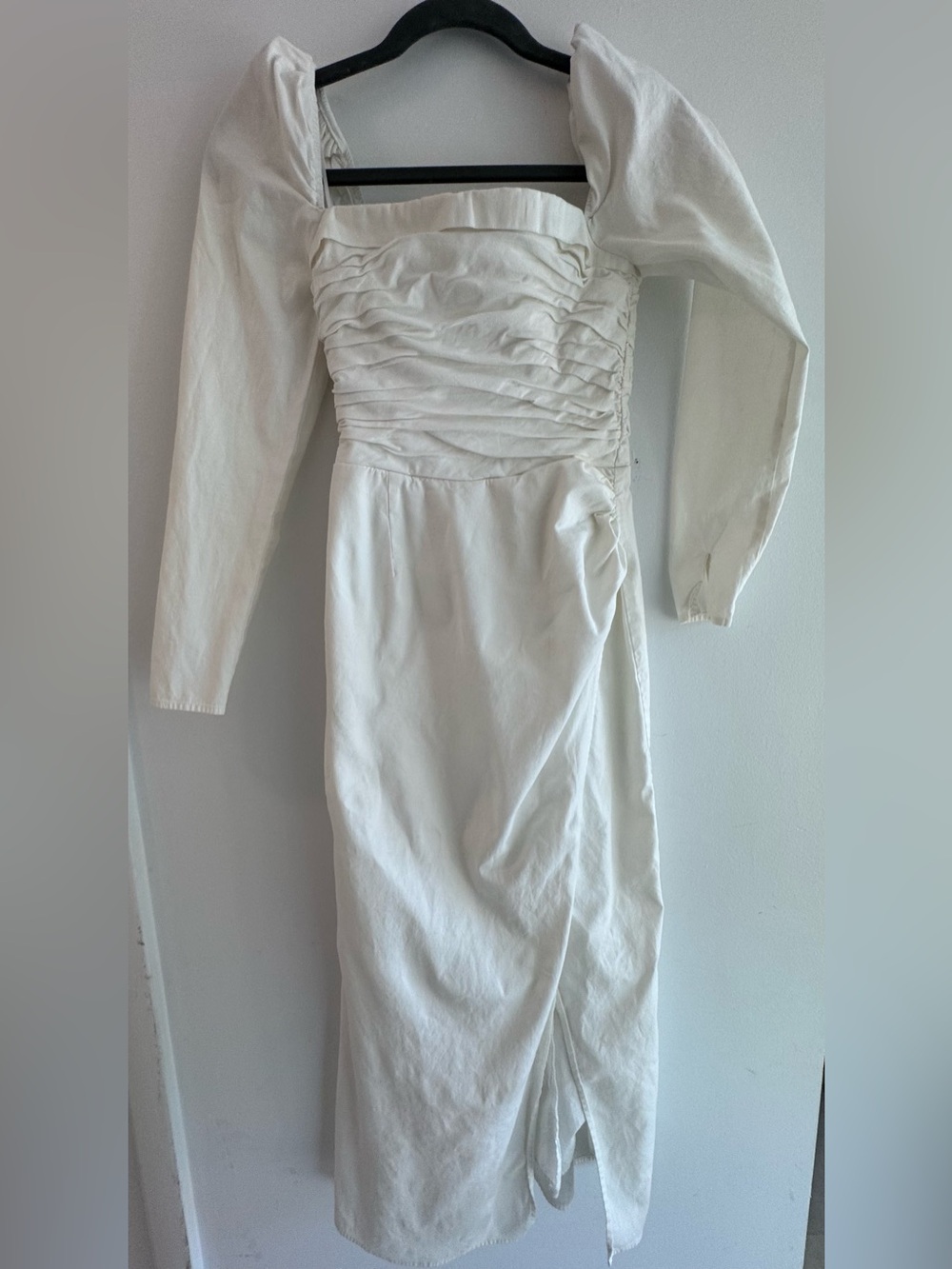 Reformation White Ruched Long-Sleeve Midi Dress
